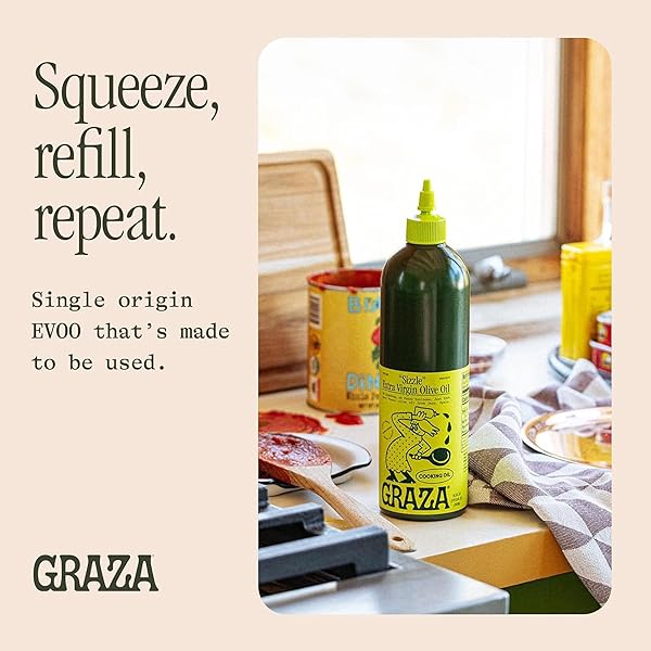 GRAZA SIZZLE EXTRA VIRGIN OLIVE OIL, COOKING OIL – HIGH POLYPHENOL PEAK HARVEST EVOO COOKING OIL IN A SQUEEZE BOTTLE – SINGLE ORIGIN OLIVE OILS FROM SPAIN – 25.3 FL OZ (750ML)