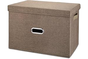 Valease Linen Fabric Collapsible Storage Bins with Removable Lids and Handles, Washable Storage Box Containers Baskets Cube with Cover for Bedroom,Closet,Office,Living Room,Nursery (Coffee, Medium)
