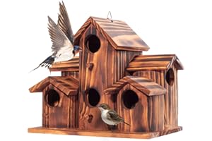 MIXUMON Wooden Bird Houses for Outside – 6 Rooms Multi-Chamber Bird House, Carbonized Pine Rustic Finish, 1.57" Entrance Holes, Cleaning Doors for Each Room, Decorative Outdoor Bird Nesting Box