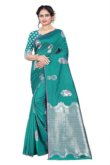 Shiv Textiles Banarasi Silk with Blouse Piece Saree (ZM01 Rama 6.1Meter)