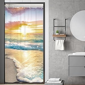 Riyidecor Kleiner Duschvorhang, halber Sommer, 91.4 x 182.9 cm, klein, schmal, Ozean, Strand, Küste, Hawaii, Sonnenaufgang, Meereswelle, Meer, Landschaft, Insel, blau, wasserdicht, 7 Stück Haken