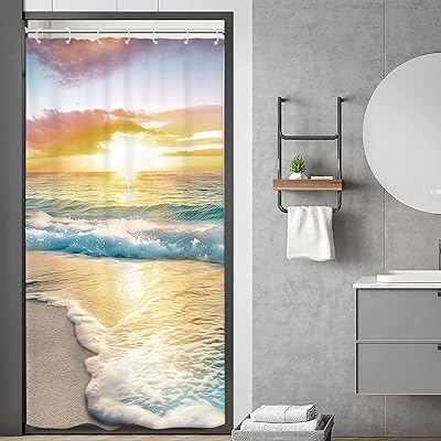 Riyidecor Kleiner Duschvorhang, halber Sommer, 91.4 x 182.9 cm, klein, schmal, Ozean, Strand, Küste, Hawaii, Sonnenaufgang, Meereswelle, Meer, Landschaft, Insel, blau, wasserdicht, 7 Stück Haken