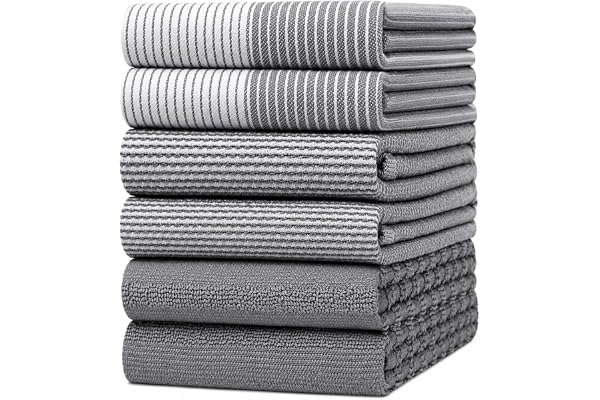 Premium Kitchen Towels 6 Pack 100% Cotton, 20"x28" Dish Towels - Grey | Large Flat & Terry Kitchen Linen Set with Hanging Loops, Highly Absorbent for Washing and Drying Dishes