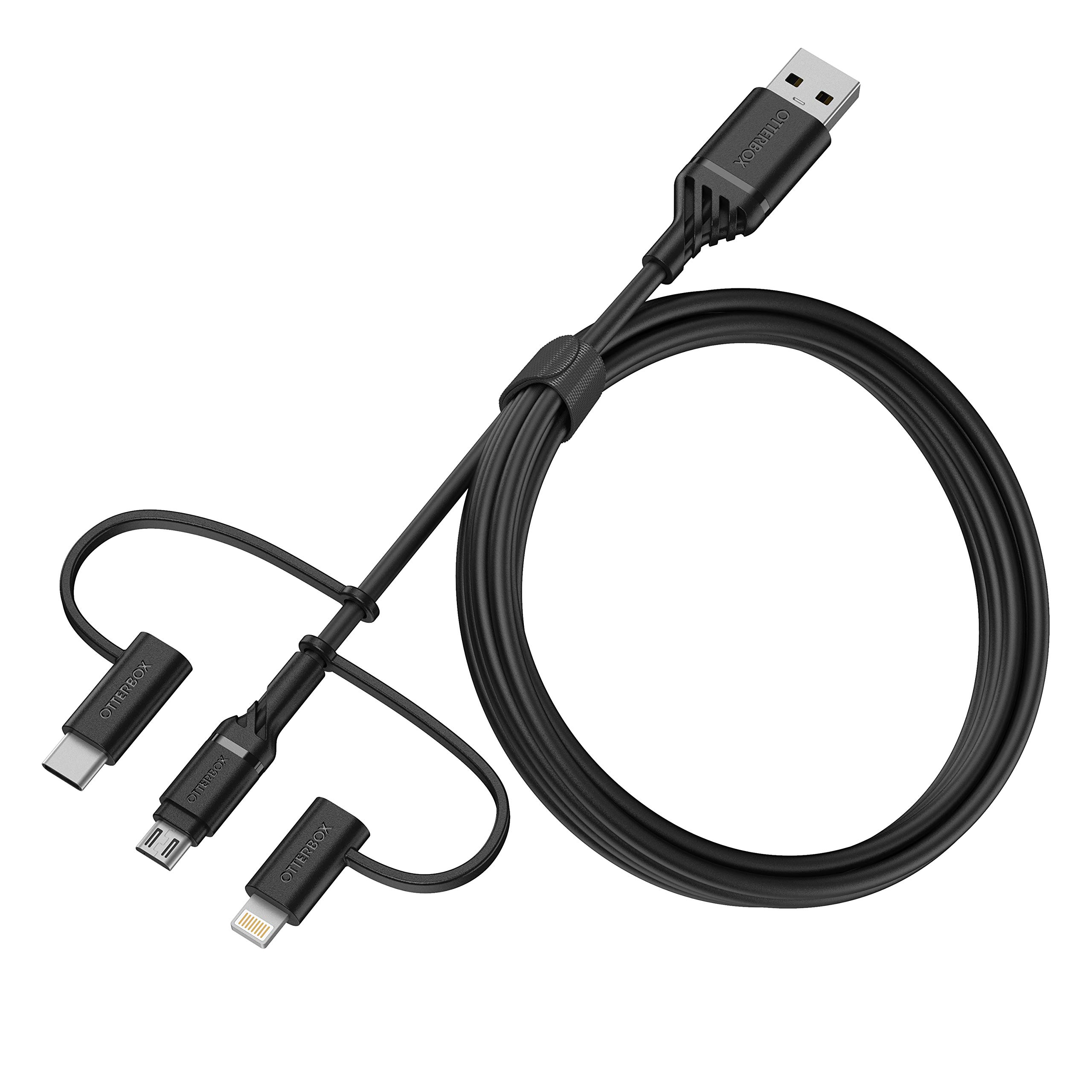 OtterBox Reinforced 3 in 1 Cable with USB-A, USB-C and Lightning Connector, Charging Cable for Smartphone and Tablet, Ultra-Rugged, Bend and Flex Tested, 1M, Black