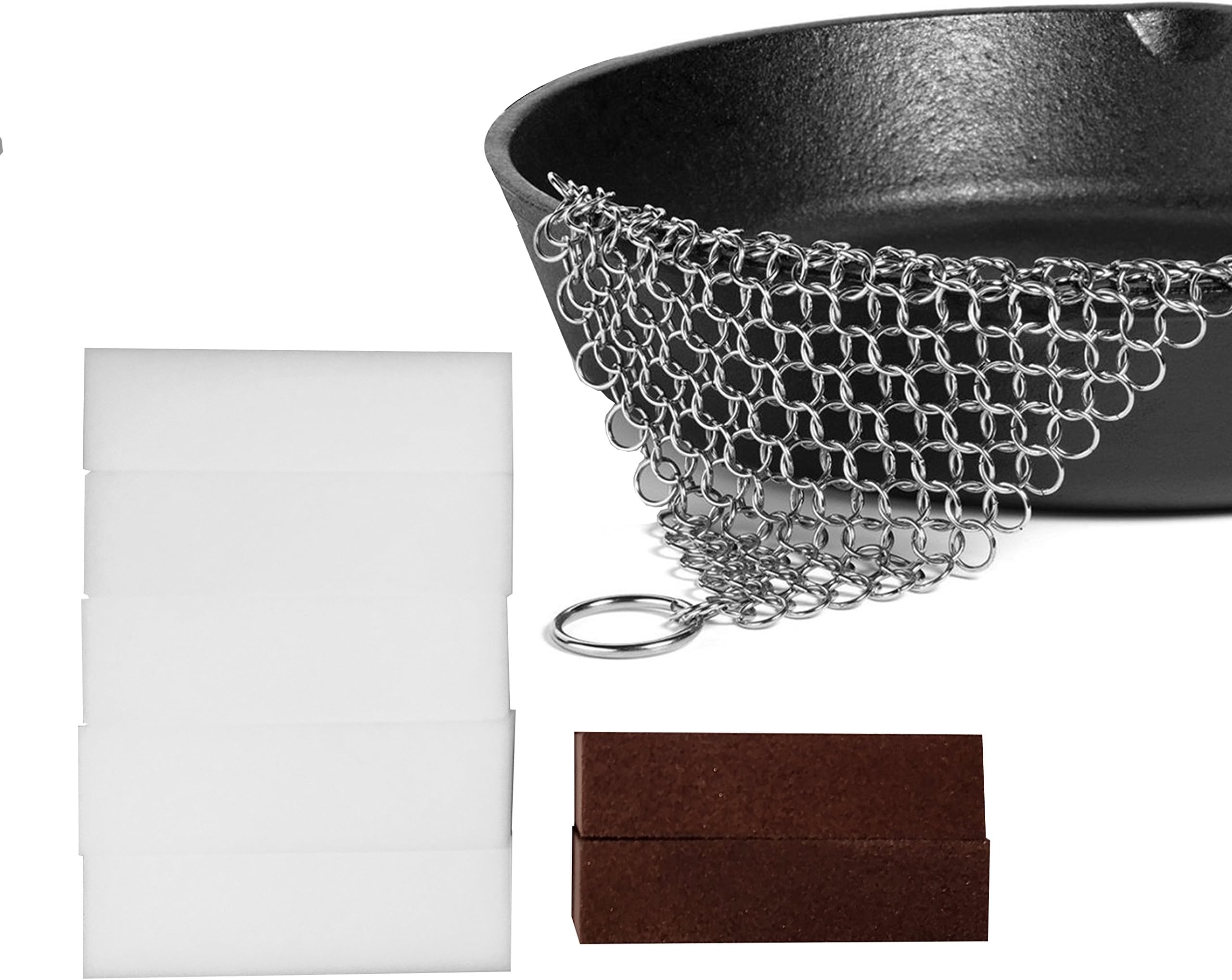Cast Iron Cleaner Kit - Cast Iron Frying Pan Cleaner 15 x 15 centimeters along with 2 Magic Pot Cleaners and 5 Magic Melamine Sponges - Cast Iron Cleaner-Cast Iron Chainmail Cleaner