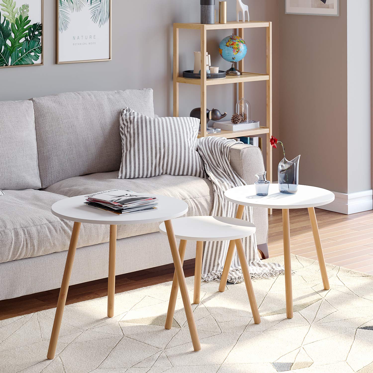 Homfa 3X Beistelltisch Couchtisch Wohnzimmertisch Kaffetisch Satztisch Set Skandinavisch Rund Weiß