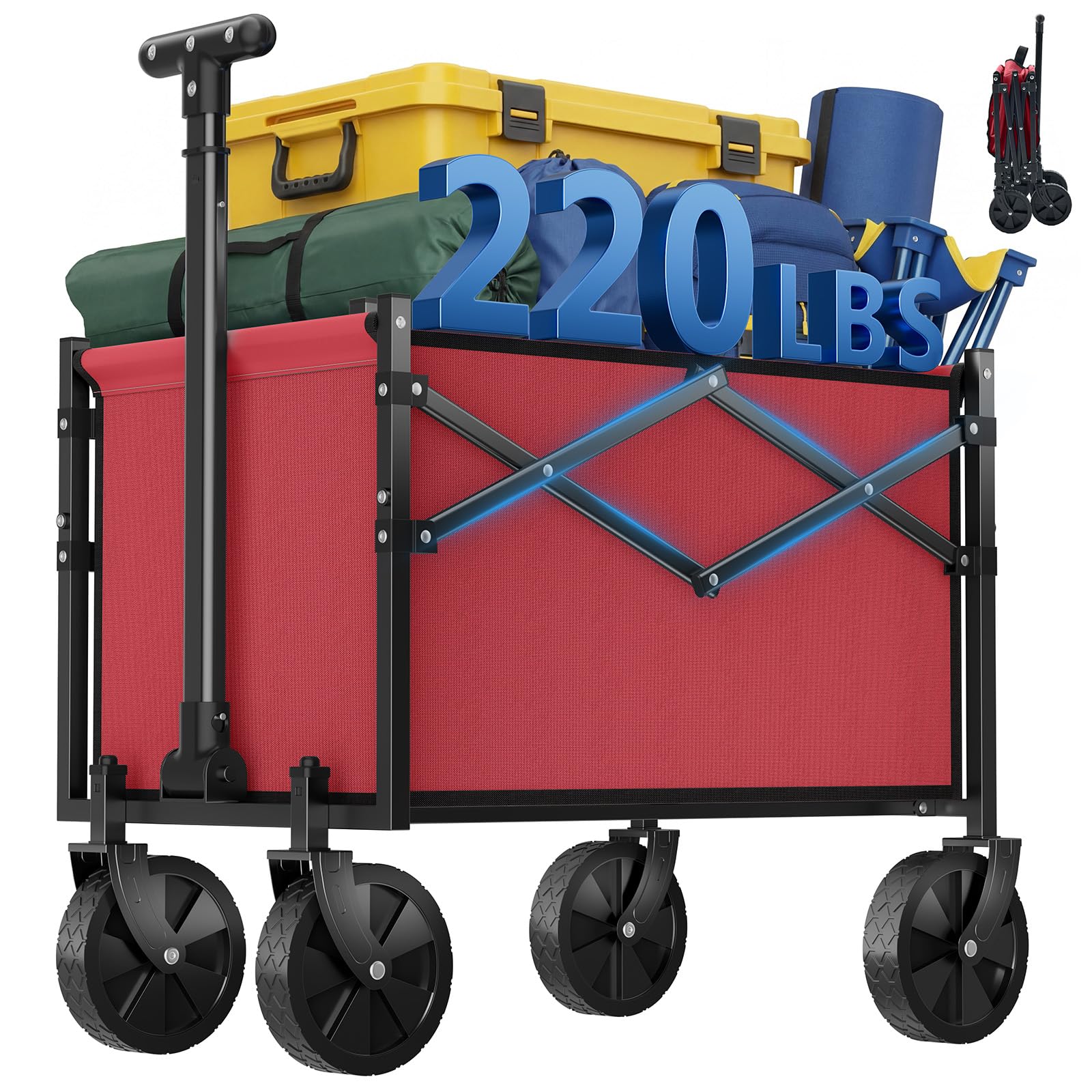 DUMOS Collapsible Wagon with Wheels, 220LBS Wagons Carts Foldable Small Wagon Cart with Flexible Handle, Lightweight Portable Folding Utility Grocery Shopping Cart for Sports Garden Camping, Red Image