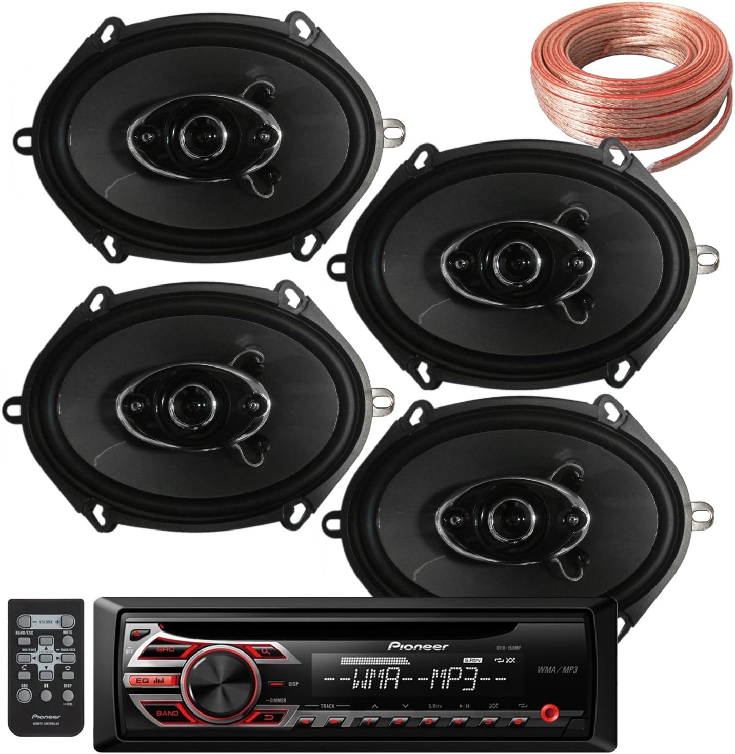 Package Bundle - Pioneer DEH-150MP Single DIN MP3 Car Stereo With 2 Pairs of K684.S 4 6x8 Inchs 6"x8" 380W 4-Way / 4 Speakers + 100Ft Cable