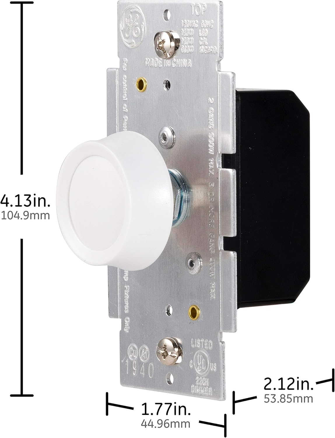 GE, 3-Way Dimmer Switch, Push On/Off, Rotating, Use with Dimmable LED and CFL and Incandescent Bulbs, Includes Two Knob Colors, UL Listed, White/Light Almond, 18020, 1 Pack - Wall Dimmer Switches - 
