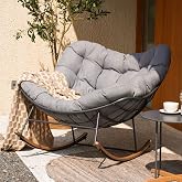 Grand patio Outdoor Papasan Rocking Chair with Thick Cushion, Grey | Oversized Modern Cozy Lounge Rocker Chair Steel Frame with Cushion for Balcony Porch Patio