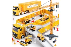 PUPU PIG Kids Construction Toys, Construction Truck Toys Set w/Crane, Excavator, Forklift,Bulldozer,Dump Trucks,Cement Truck,Road Roller, Alloy Construction Vehicle Toys for 3 4 5 6 7 Years Old Boys Gifts
