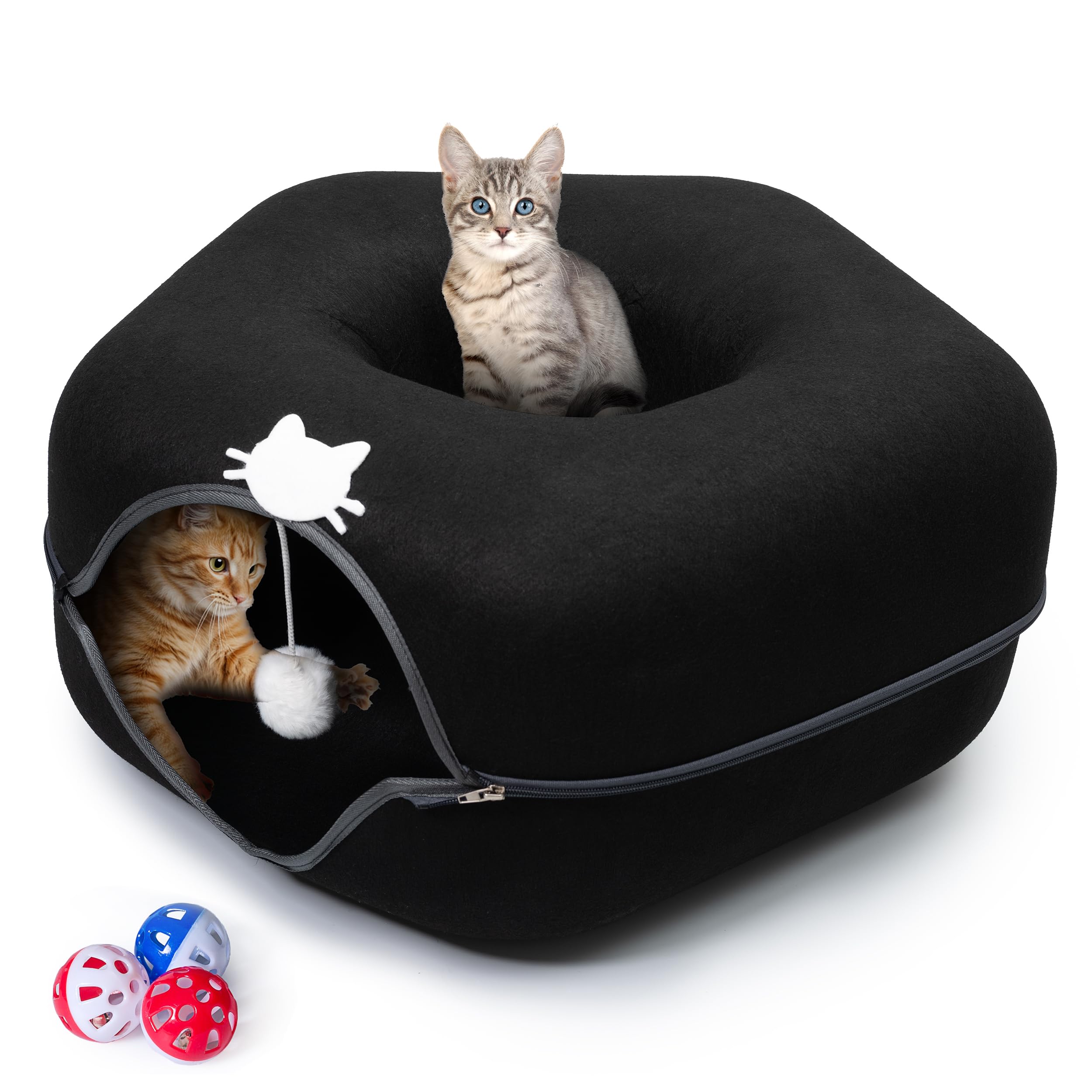 Photo 1 of Large Cat Cave Bed for Indoor Cats, Cat Donut Tunnel Bed with Peekaboo Hideaway, Hanging Toy Ball & 3 Play Balls, Felt Cat Cave Bed for Multiple & Large Cats to 30lbs, Detachable Washable Meow Mansion