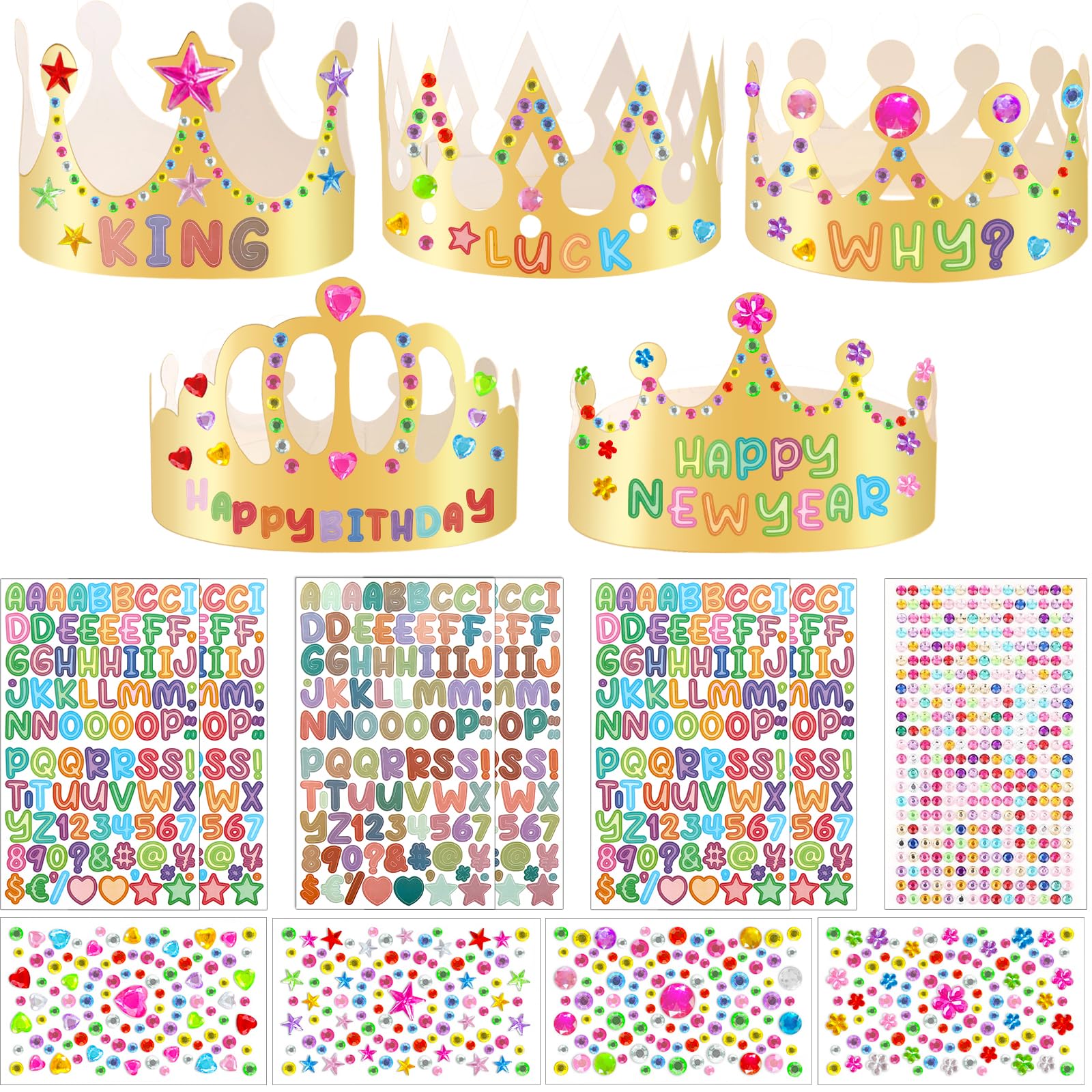 Draupnir 15 Pcs Paper Crowns Gold Party Hats, 5 Pcs Sheets Self-Adhesive Rhinestone Stickers and 6 Pcs Number Letter Stickers, DIY Crown Party Making Kit for Birthday Party Celebration