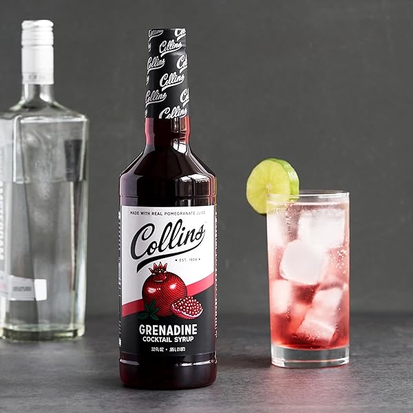 COLLINS GRENADINE SYRUP, REAL POMEGRANATE JUICE AND SUGAR, CRAFT COCKTAIL SYRUP, DRINK MIXERS, 32 OZ