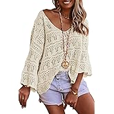 Allimy Womens Spring 3/4 Sleeves Crochet Oversized Sweater for Women 2026 Beach Resort Wear Tops