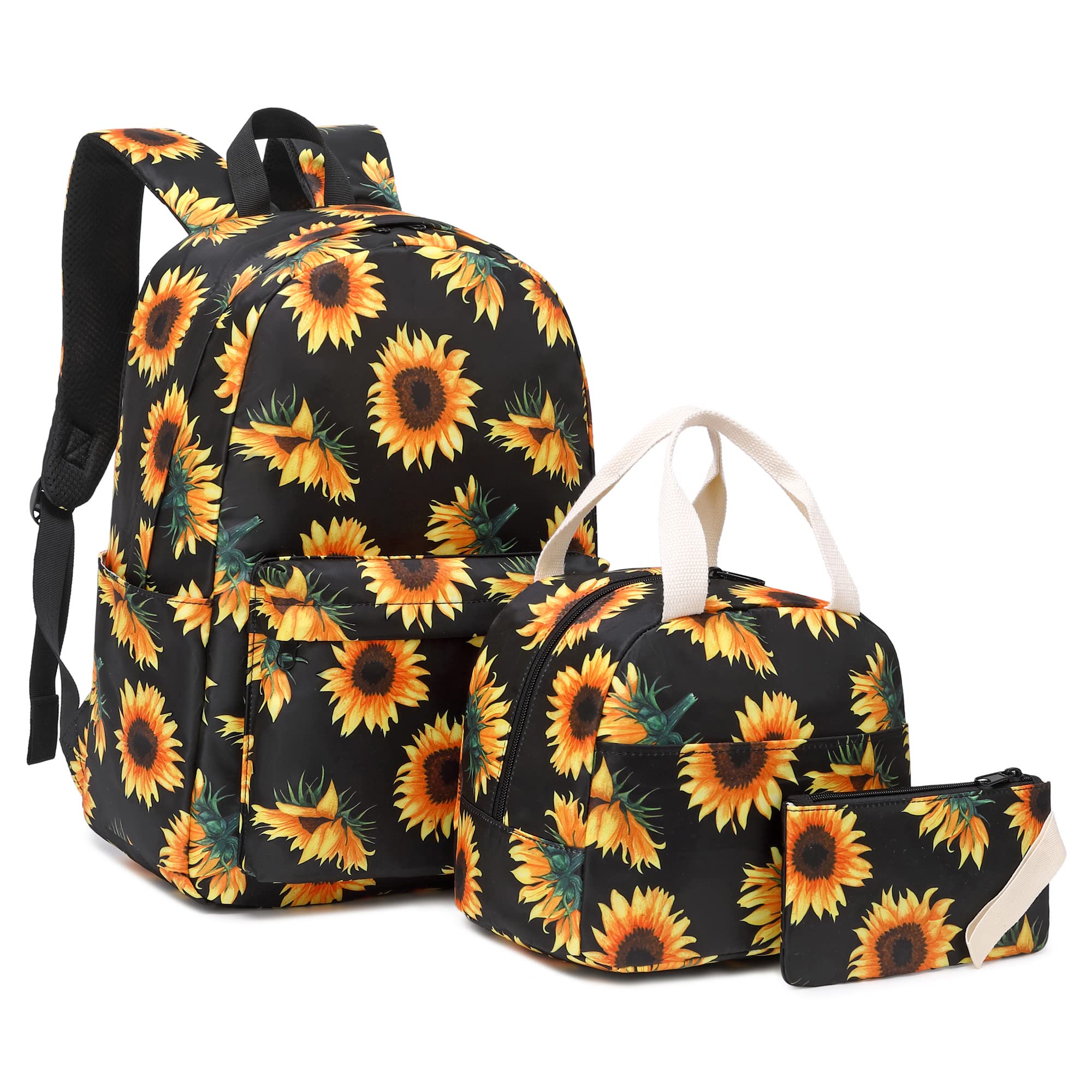 Mimfutu School Backpack for Teen Girls, 3-in-1 Kids Backpack Bookbag Set School Bags with Lunch Box Pencil Case (Sunflower)