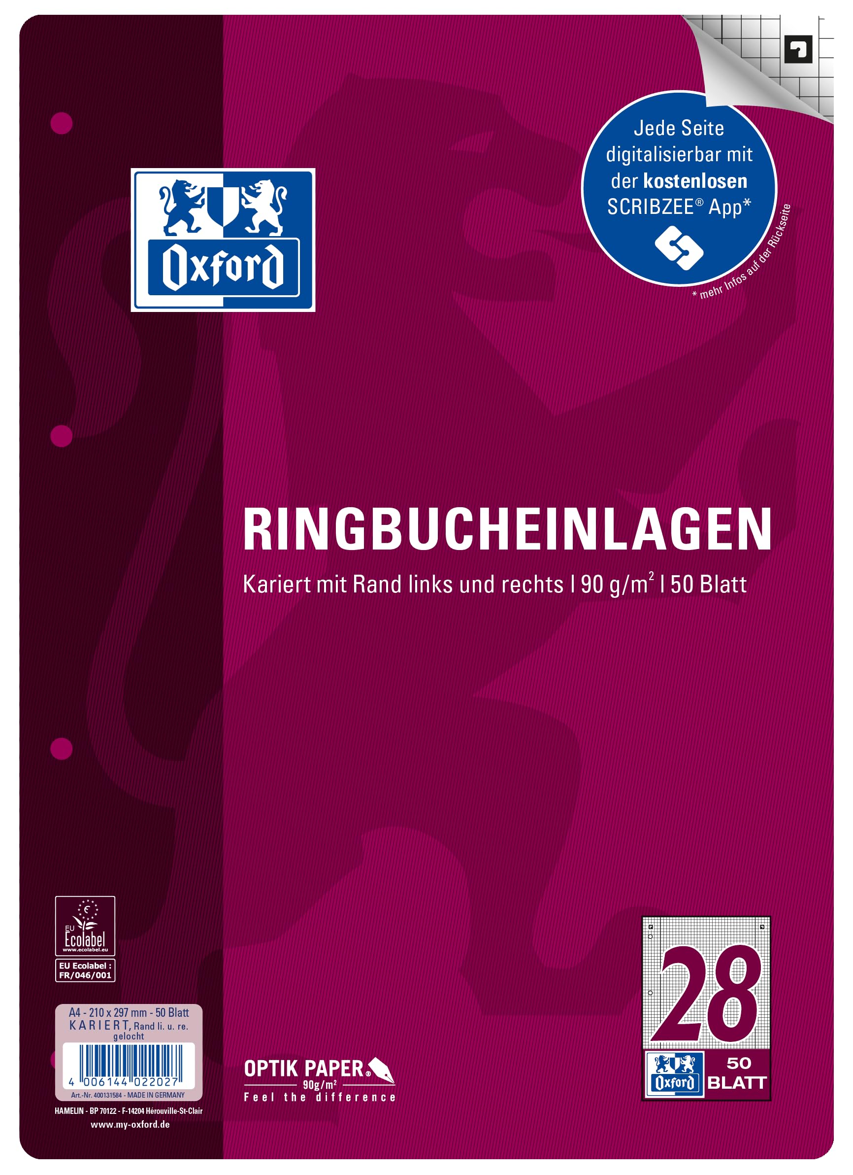 Oxford 400131464 Ring Binder Inserts A4 50 Sheets Line Style 21 Lined Without Margin 90 g/m2 Lin. 28 - Squared with Left Margin & re. a4