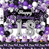 Miidenks 18th Birthday Decorations for Girl Women, Purple Black Happy 18 Party Decor with Backdrop Banner, Tablecloth, 18 Number Foil Balloons for Her