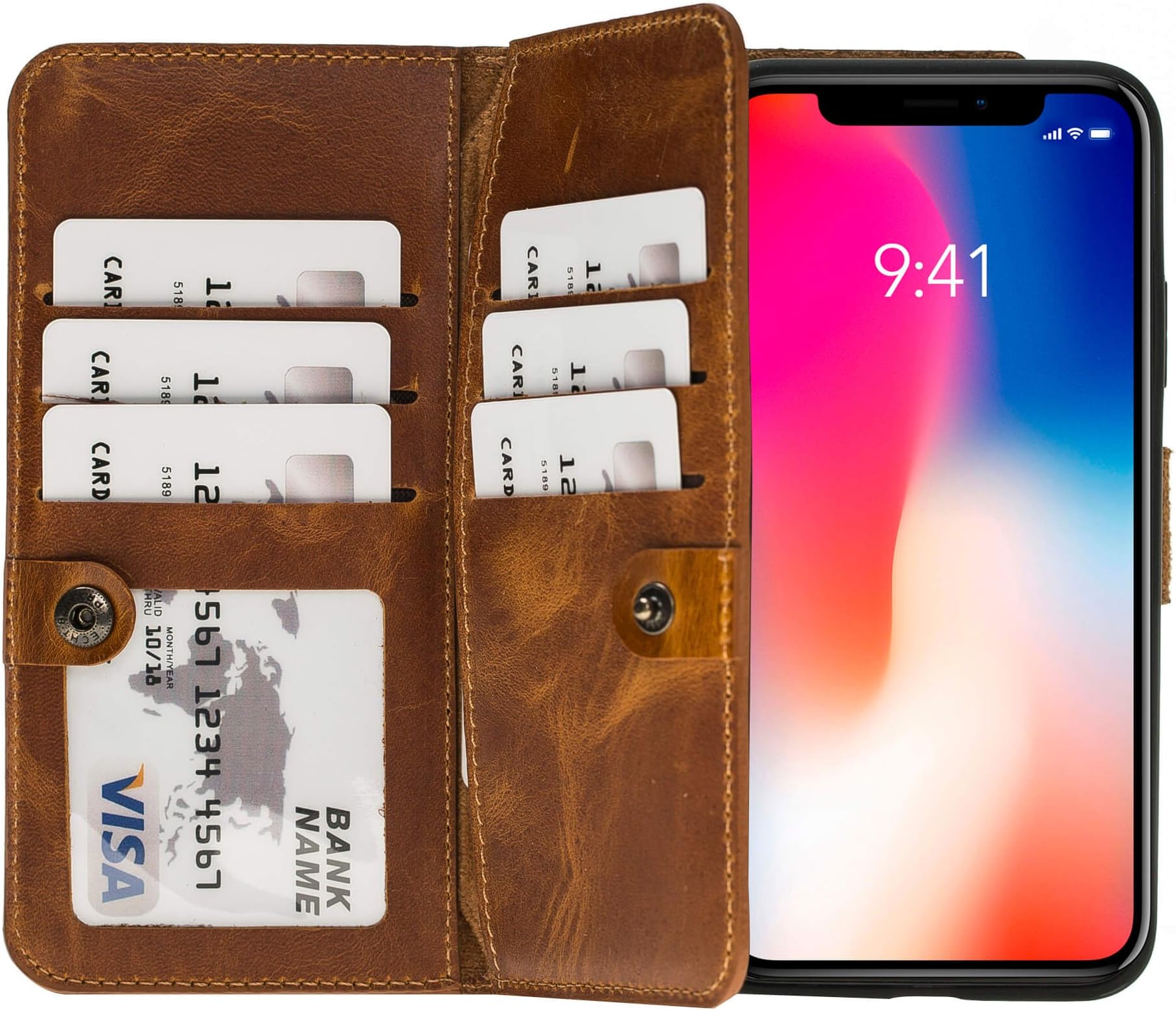 Burkley Case Windsor Premium Genuine Leather Book Cover Style Double Bi-Fold Magnetic Detachable Snap-on Case Wallet with Flap Closure for Apple iPhone Xs Max (6.5") (Antique Golden Brown)