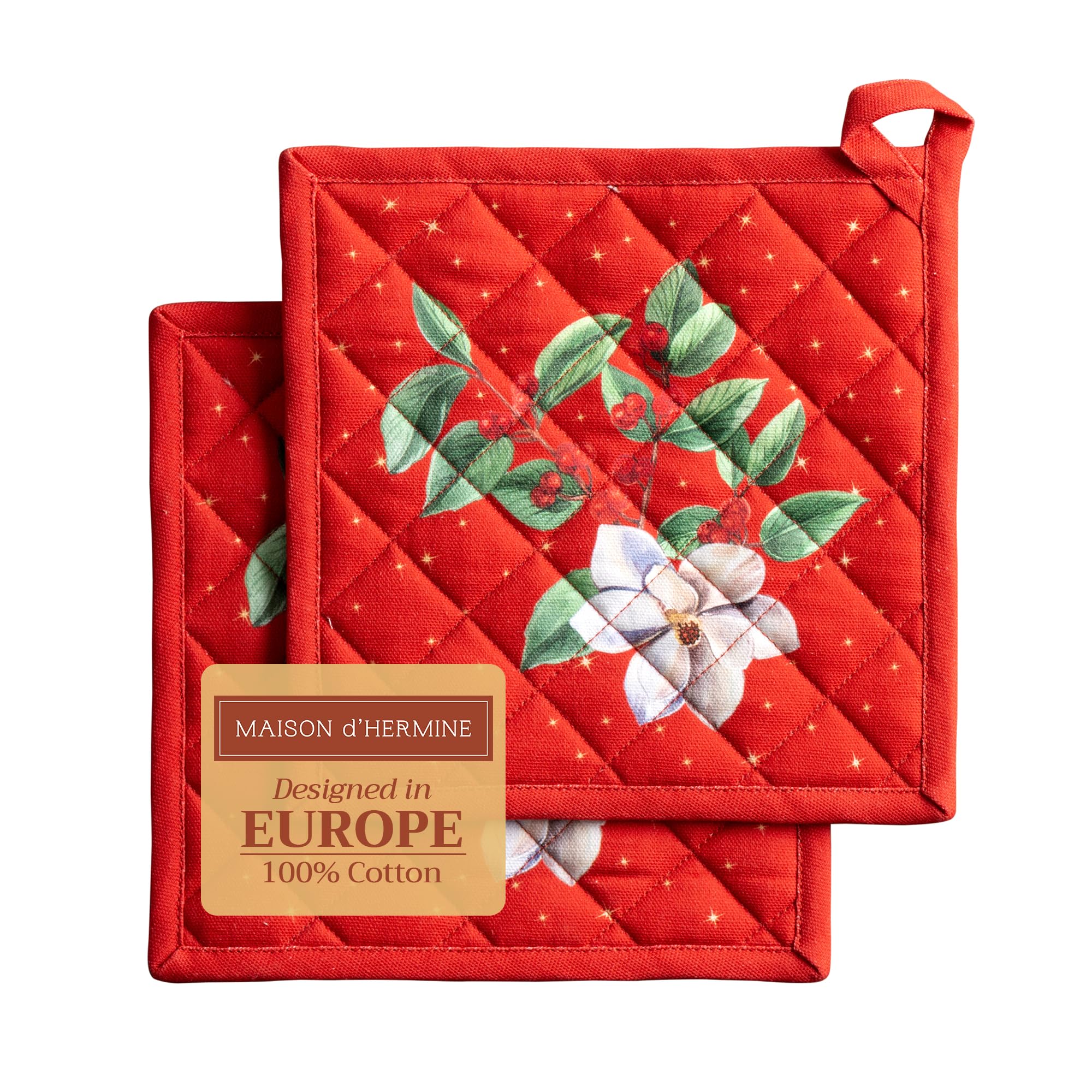 Maison d' Hermine Pot Holders Set 100% Cotton Heat Resistant Potholders 20 cm x 20 cm Hot Pads with Loop for Christmas Decorations BBQ Cooking Baking Handling Hot Pans (Pack of 2, Noel)