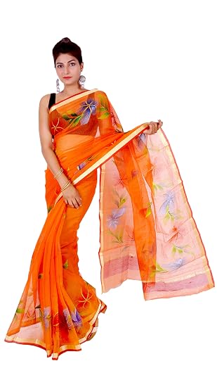 NIKHILAM Womens Kota Doria Saree (KDSA_011, Orange)