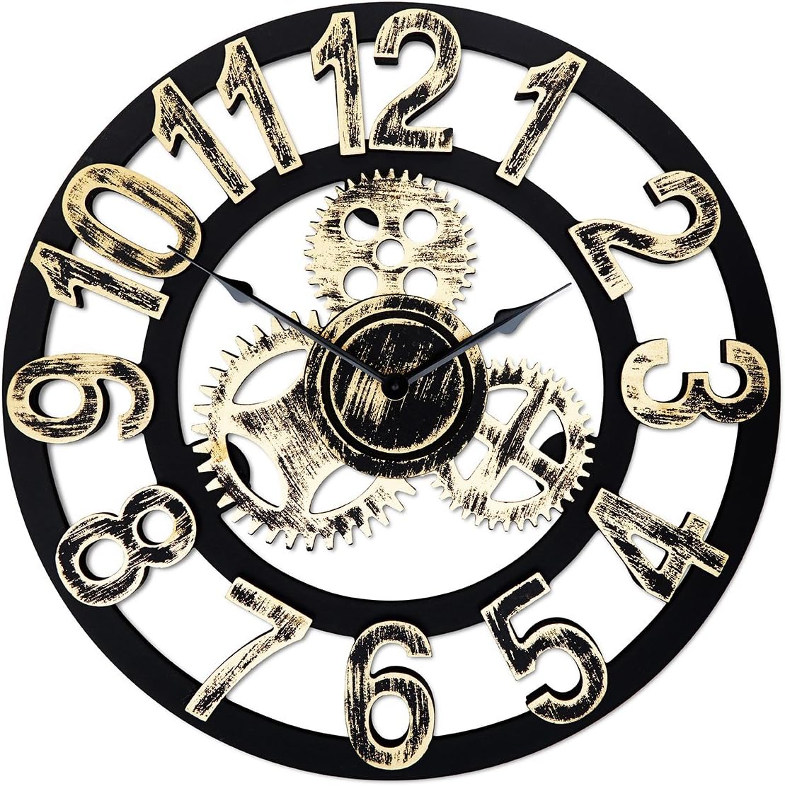 Top Race 16 Inch Round Wall Clock, Antique Handmade Wooden Vintage 3D Gear Design, By Chevy K. (Gold with Numbers)