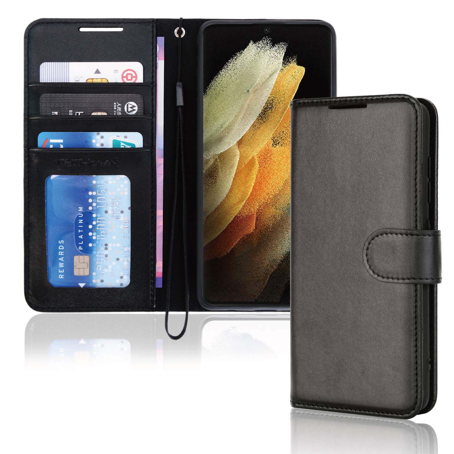 TECHGEAR Galaxy S21 Ultra Leather Wallet Case, Flip Protective Case Cover with Wallet Card Holder, Stand and Wrist Strap - Black PU Leather with Magnetic Closure Designed For Samsung S21 Ultra / 5G