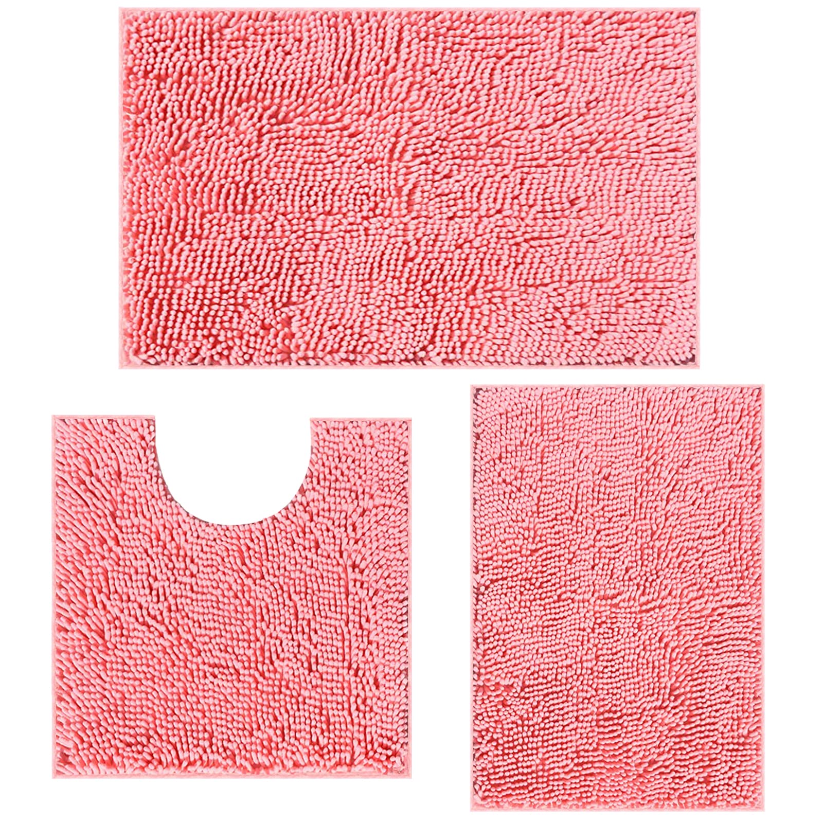 RUN HELIX Ultra Soft Chenille Bath Mat Non Slip, Bath Mat Set 3 Piece, Shaggy Bathroom Mats, Absorbent Bath Mats for Bathroom, Fluffy Bathrooms Mat Set with U-Shaped Toilet Rug (Pink)