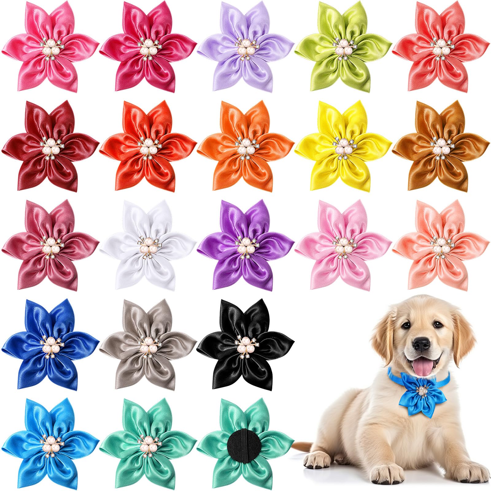 Photo 1 of Reginary 20 Pcs Dog Collar Flowers, Pet Flower Bow Ties Multi Color Dog Charms Flower 3.35 Inch for Puppy Cat Pet Collar Grooming Accessories
