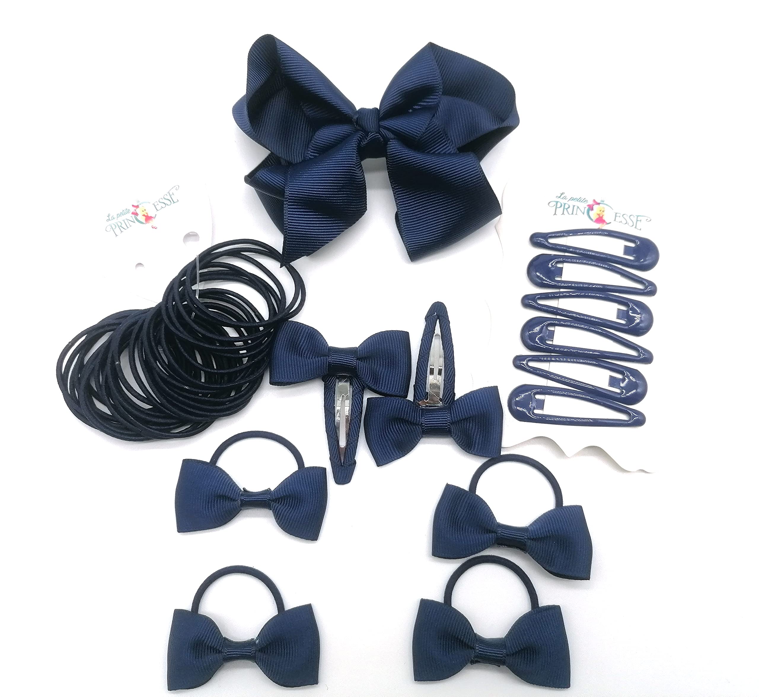 35 Pieces navy blue school hair accessories blue Ribbon Style Bow Bobbles Hair Clips Bows and Elastics Bands (Navy Blue)