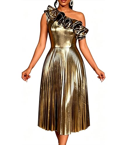 one shoulder sleeveless fringe metallic party maxi dresses gold ONTINVA Women's High Waist Pleated Dress (M,Medium) : Clothing, Shoes & Jewelry 59min30sale5/31