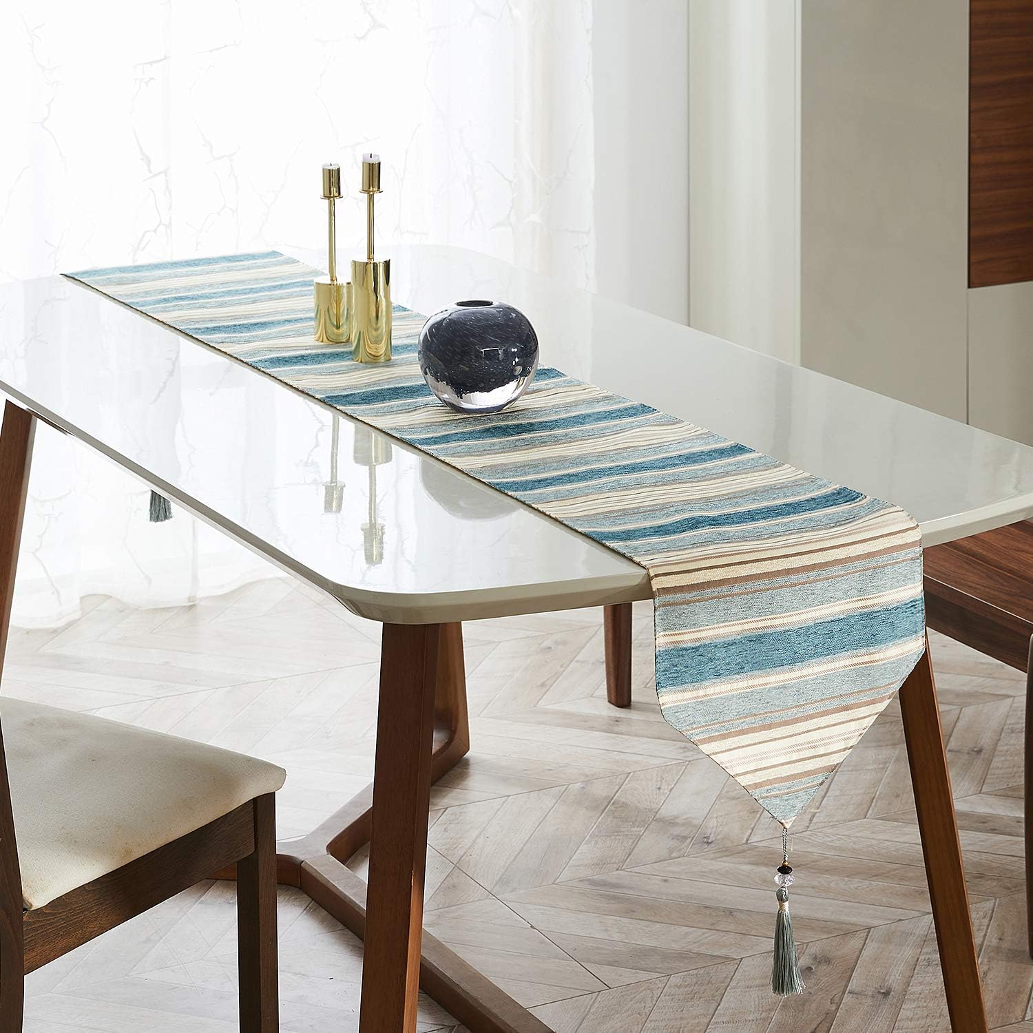 Top Finel Dining Table Runner 72 inches, Striped Cotton Linen Table Runners with Tassels for Party Holiday Wedding Gathering, Teal: Home & Kitchen