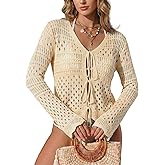 Dokotoo Beach Cover Ups for Women Summer Fashion V Neck Bell Sleeve Crochet Hollow Out Swimsuit Coverup