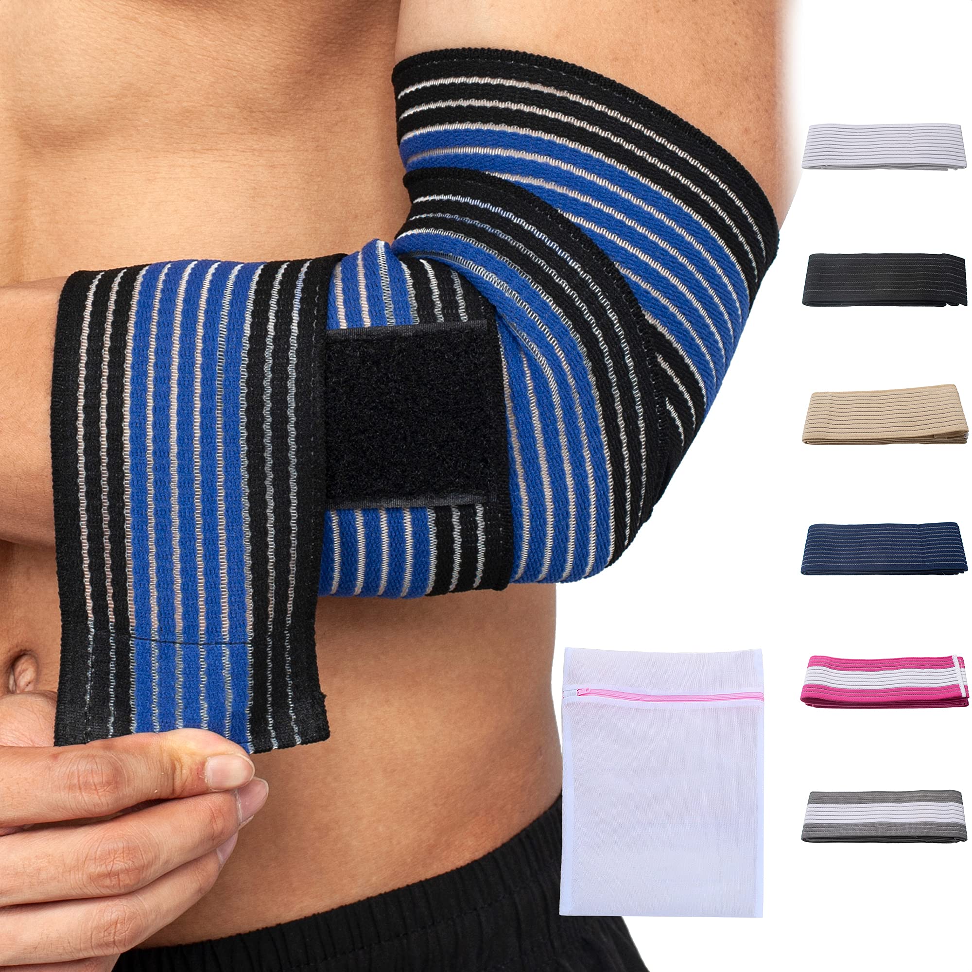 360 RELIEF - Elbow Support Brace Compression Bandage | Fitness, Gym, Workout, Squats, Powerlifting, Weightlifting, Relieve, Sports | Black/Blue Mesh Laundry Bag |