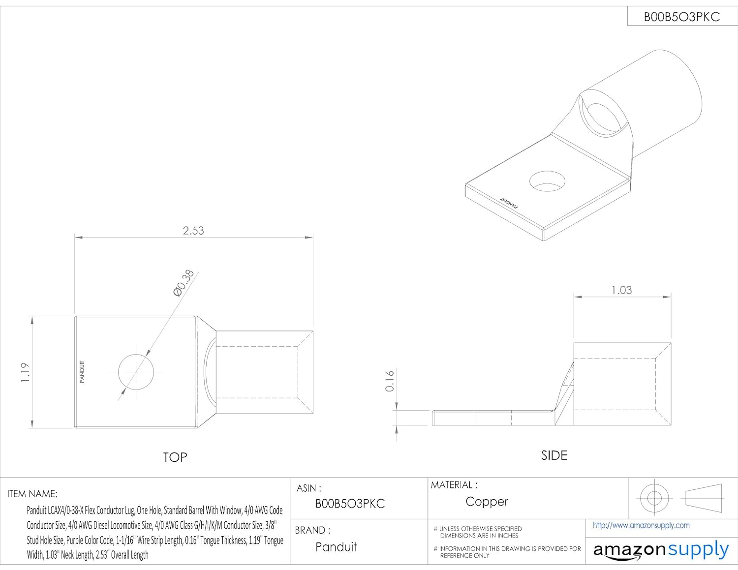 Electrical 1 1 16 Wire Strip Length Purple Color Code 4 0 Awg Class G H I K M Conductor Size Standard Barrel With Window Panduit Lcax4 0 38 X Flex Conductor Lug 4 0 Awg Diesel Locomotive Size 0 16 To One Hole