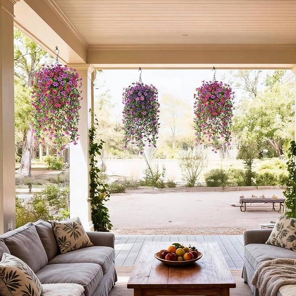 ARTIFICIAL HANGING FLOWERS FOR OUTDOORS, 2 PCS FAKE HANGING PLANT SPRING SUMMER DECOR, UV RESISTANT NO FADE REALISTIC FAUX FLOWER FOR FRONT DOOR PORCH PLANTER PATIO GARDEN YARD(LIGHT PURPLE RED)
