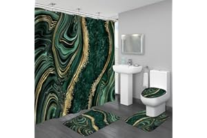 BayNook 4PCS Emerald Green Marble Bathroom Set with Shower Curtain, Bath Mat, Toilet Lid Cover & U-Shaped Rug, Dark Green Shower Curtain Set for Bathroom