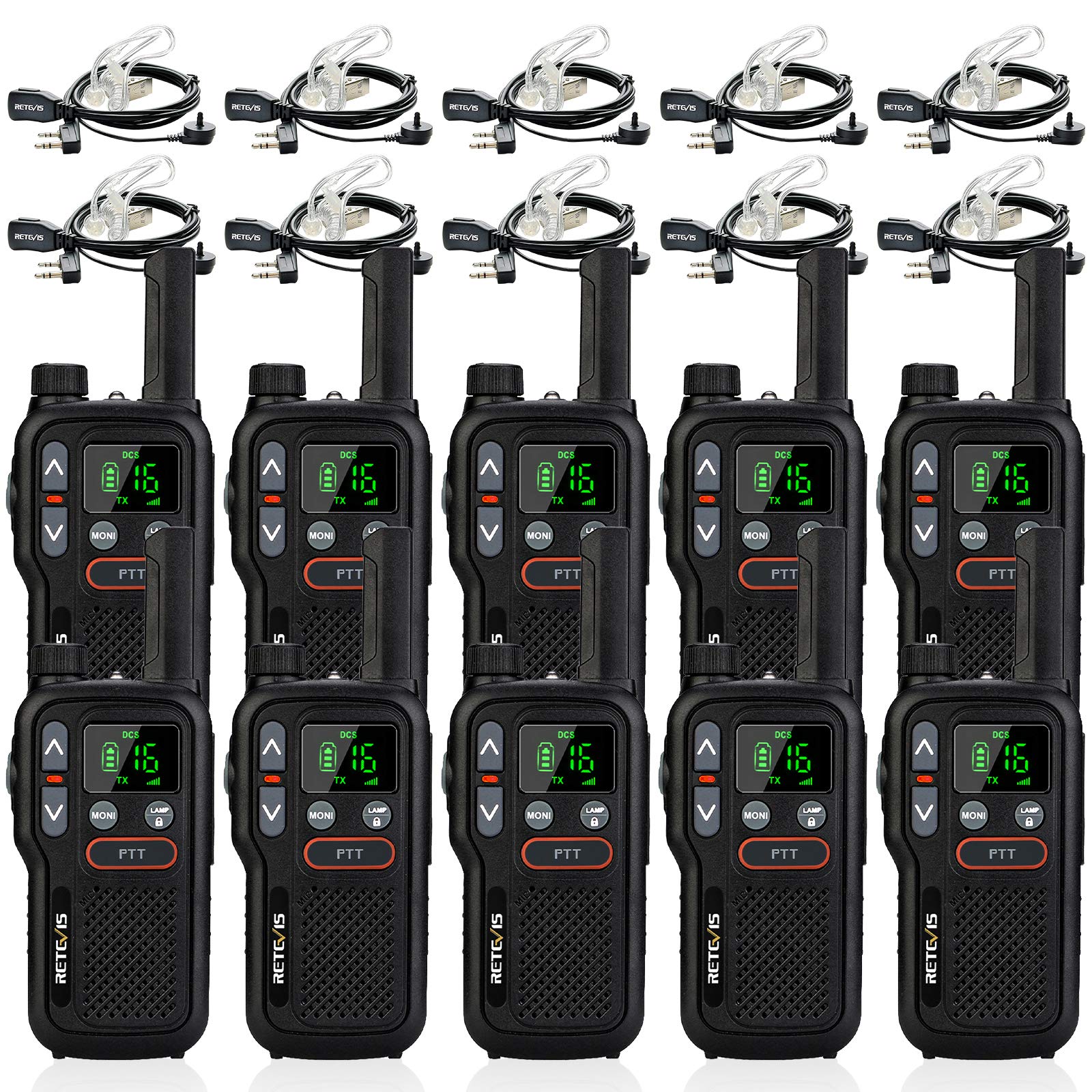 Retevis RB618 Walkie Talkie with Earpieces, PMR446 License Free, LED Flashlight, Dual PTT, Squelch VOX, Walkie-Talkie Rechargeable, CTCSS/DCS TOT, 2 Way Radio(10Pcs, Black)