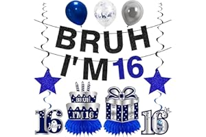 Kuxriox 11Pcs 16th Birthday Decorations for Boys Men, Blue Sliver Happy 16th Birthday Banner, Bruh I'm 16 Balloons Centerpieces Swirls Party Supplies, Sixteen Bday Banner Ceiling Table Topper Sign