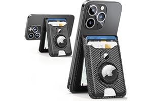 HiWe for Magsafe Wallet Stand - Magnetic Card Holder with Airtag Holder for iPhone 16/15/14/13/12 Series, Vegan Leather, 3 Slots, Fit 6 Cards, RFID Blocking, Carbon Fiber