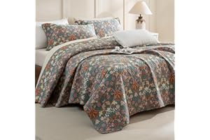 Sanracie 100% Cotton Quilt Queen Size(90"x98"), 3Pcs Flower Botanical Printed Pattern Quilted Bedspreads Set Luxury Soft Lightweight Aesthetic Bedding for All Season