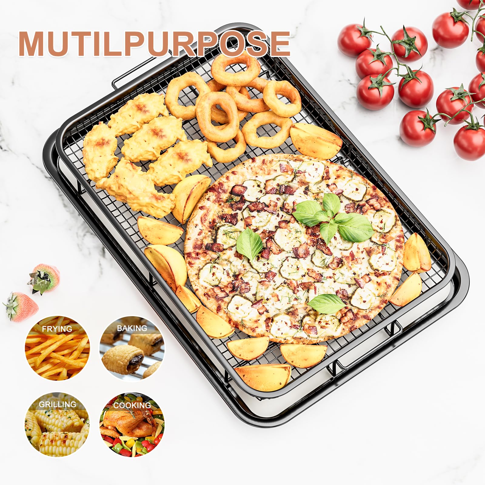 Air Fryer Basket for Oven, 2 Set Air Fryer Basket and Tray Set with 60 Sheets Parchment Papers,THORSES Stainless Steel NonStick Air Fryer Pan and Crisper Tray-Black Large15.7“×11.6” & Medium12.8