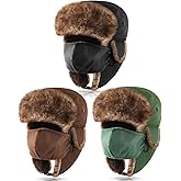 Jeere 3 Pcs Winter Russian Trapper Ushanka Hat with Mask Men Women Waterproof Ear Flap Chin Adjustable Strap Pilot Cold
