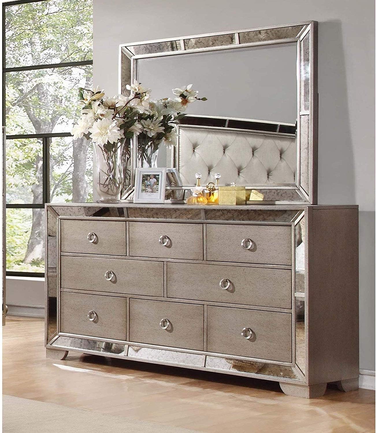 Queen Silver//Bronze Best Master Furniture Ava Mirrored 6 Pcs Bedroom Set with 5 Drawer Chest