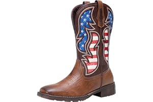 Jousen Cowboy Boots for Men Western Boot Side Zipper American Flag Retro Square Toe Mid-Calf Mens Boots