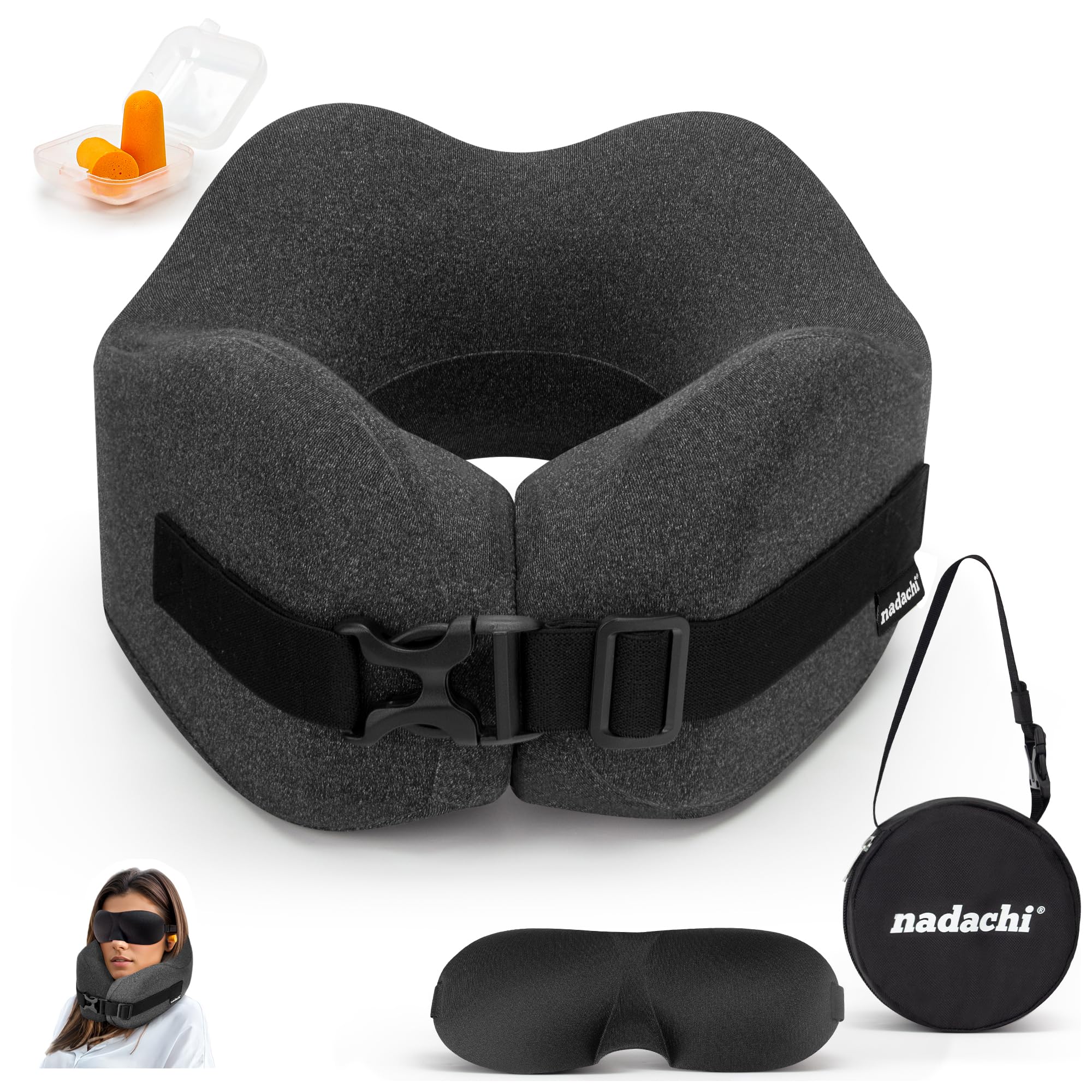 Photo 1 of nadachi Neck Pillow Airplane Travel Set - Pure Memory Foam Travel Pillow for Long Flights Essentials, Sleeping with 3D Contoured Eye Mask, Earplugs, Portable Bag (Grayish)