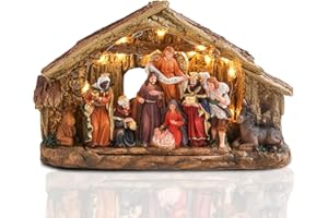 Bshine Christmas Nativity Scene Set Manger with LED Lights, 10.8x7 Holy Family Nativity Set Indoor Baby Jesus Figurines, Christmas Decor for Home Desktop Collectible Ornaments