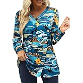Womens V Neck Hawaiian Shirt Fall Vintage Floral Tropical Printed Tunic Top Long Sleeve Buttons Side Shirts