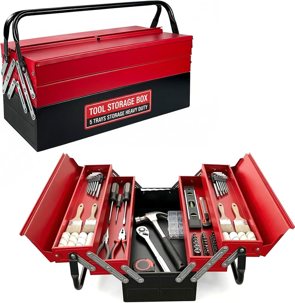 Crystals 3 Tiers Cantilever Tool Box 5 Trays Red Steel Organizer 47x32x20cm