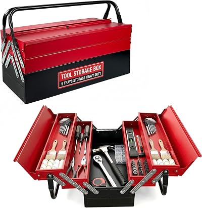 Crystals 3 Tiers Cantilever Tool Box 5 Trays Red Steel Organizer 47x32x20cm